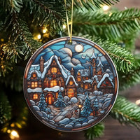 Snowy Scene Holiday Ceramic Keepsake, Stained Glass Winter Village Christmas Ornament, Comfy Town Tree Decor, Xmas Home Decor Present