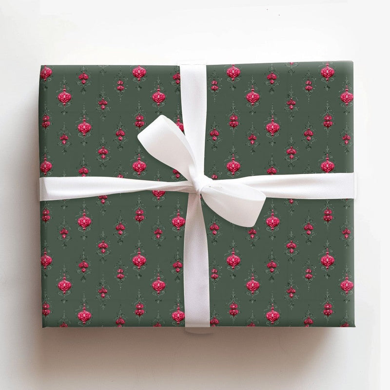 Magenta Bauble Holiday Gift Wrap, Vintage Ornament Christmas Wrapping Paper, Sage Green Xmas Wrapping Paper, Elegant Winter Gift Wrap Roll