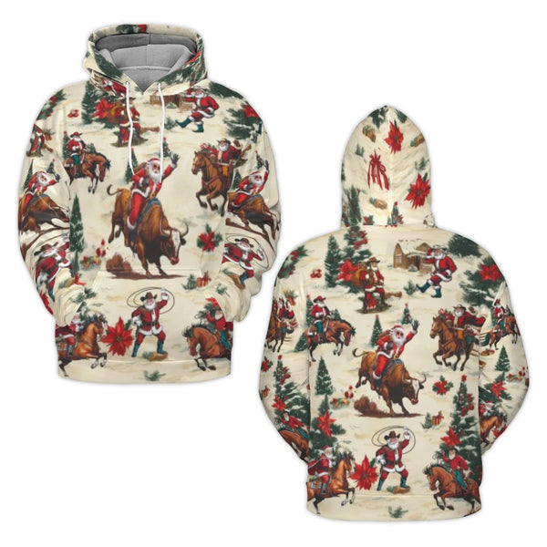 Bull Riding Christmas Hoodie, Western Cowboy Santa Hoodie, Rodeo Holiday Sweatshirt, Country Xmas Graphic Hoodie, Festive Rod