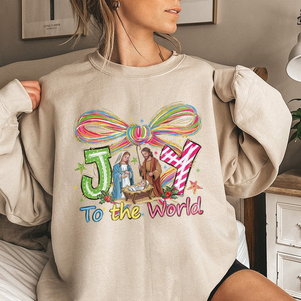 Nativity Scene Christmas Graphic Crewneck, Joy to the World Sweatshirt, Christian Holy Night Holiday Pullover, Religious Xmas