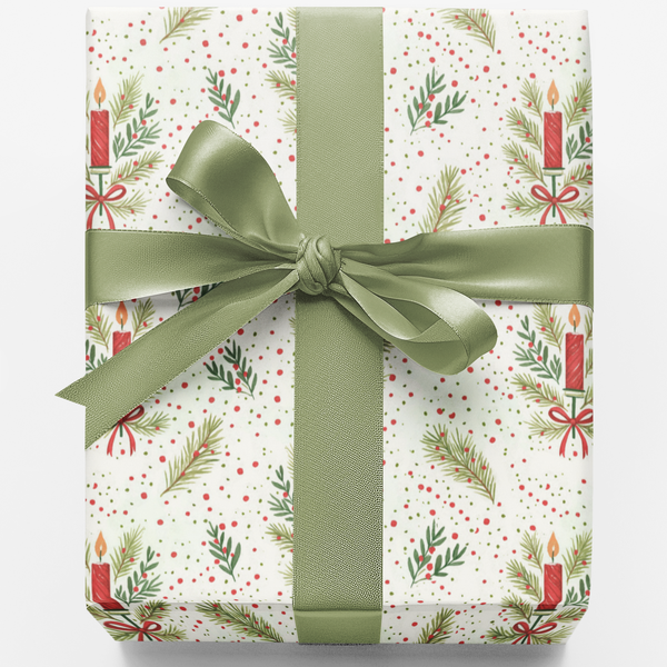 Candle and Pine Botanical Gift Wrap, Glow of Noel Christmas Wrapping Paper, Festive Holiday Wrapping Paper, Traditional Noel 