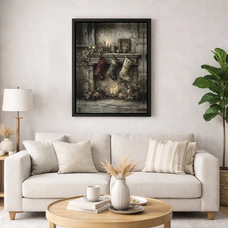 Rustic Holiday Stockings Art Print, Vintage Christmas Fireplace Canvas Wall Art, Comfy Winter Fireplace Poster, Digital Download Wall Decor