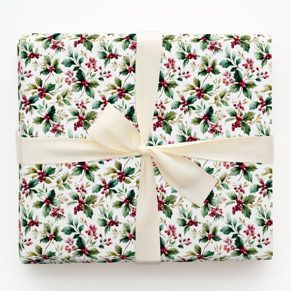 Traditional Christmas Wrapping Paper, Watercolor Holly Berries Wrapping Paper, Botanical Holiday Wrapping Paper, Winter Berry