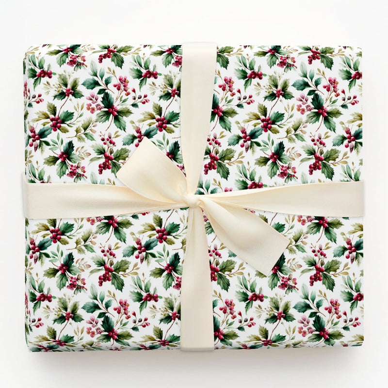 Traditional Christmas Wrapping Paper, Watercolor Holly Berries Wrapping Paper, Botanical Holiday Wrapping Paper, Winter Berry Gift Wrap