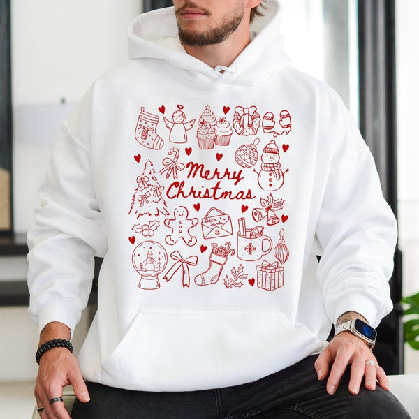 Festive Holiday Icons Graphic Hoodie, Merry Christmas Doodle Hoodie, Adorable Xmas Doodle Pullover Hoodie, Winter Holiday Hoo