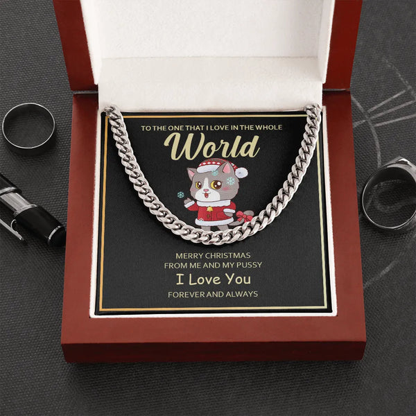Christmas Message Card Jewelry, Cat Santa Cuban Link Chain Necklace, Polished Stainless Steel Chain, Holiday Anniversary Pres