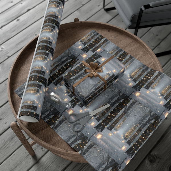 Snowy Woodland Path Gift Wrap, Winter Forest Wrapping Paper, Fairy Lights Holiday Gift Wrapping Paper, Elegant Christmas Pape