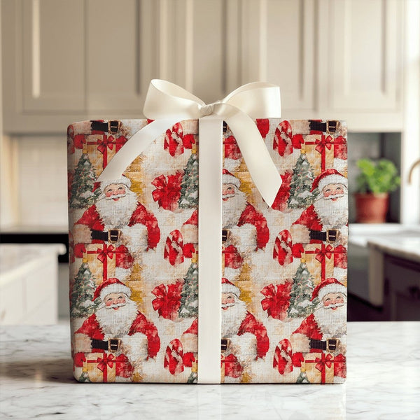 Christmas Gift Wrap Roll, Vintage Santa Wrapping Paper, Retro Santa Claus Wrapping Paper, Festive Holiday Gift Wrap, Xmas Pre