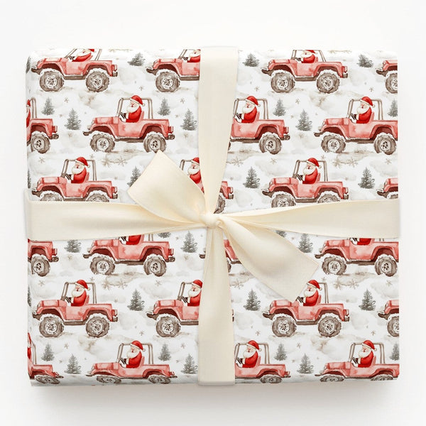 Red Off Road Vehicle Gift Wrap, Santa Claus Truck Wrapping Paper, Christmas Tree Paper Roll, Holiday Winter Gift Wrap, Car Lo