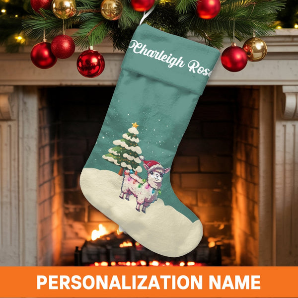 Personalized Animal Holiday Stocking, Adorable Santa Llama Christmas Stocking, Custom Name Christmas Stocking, Festive Kids C