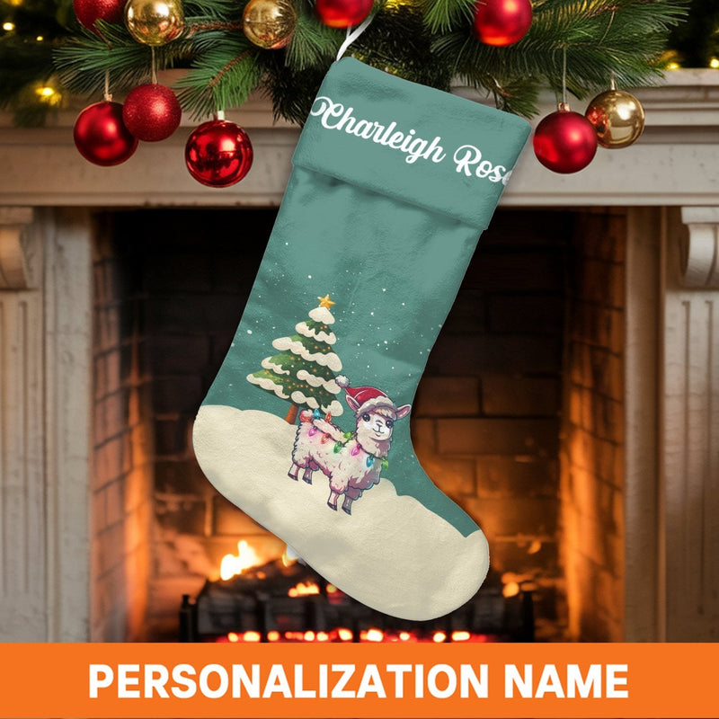 Personalized Animal Holiday Stocking, Adorable Santa Llama Christmas Stocking, Custom Name Christmas Stocking, Festive Kids Christmas Stocking