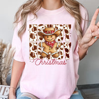 Cow Print Gingerbread Man Shirt, Howdy Christmas T-Shirt, Retro Western Holiday Graphic Tee, Adorable Christmas Tee, Xmas Cowgirl Present