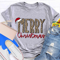 Cheetah Holiday Graphic Tee, Leopard Print Merry Christmas Teacher Shirt, Festive Animal Print Teacher Shirt, Teacher Xmas Present Tee