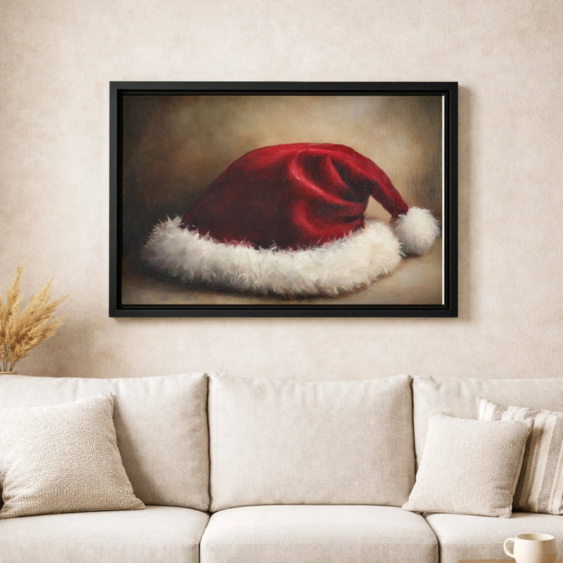Rustic Vintage Christmas Canvas Print, Santa Hat Oil Painting Wall Art, Holiday Santa Wall Decor, Festive Xmas Season Canvas Poster