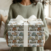Watercolor Winter Village Gift Wrap, Victorian House Wrapping Paper, Snowy Town Holiday Wrapping Paper, Comfy Christmas Gift Wrap Paper Roll