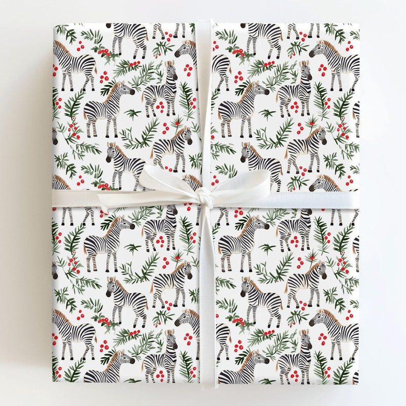Holiday Holly Berry Gift Wrapping Paper, Christmas Zebra Wrapping Paper, Safari Xmas Gift Wrap, Winter Animal Holiday Present Wrap