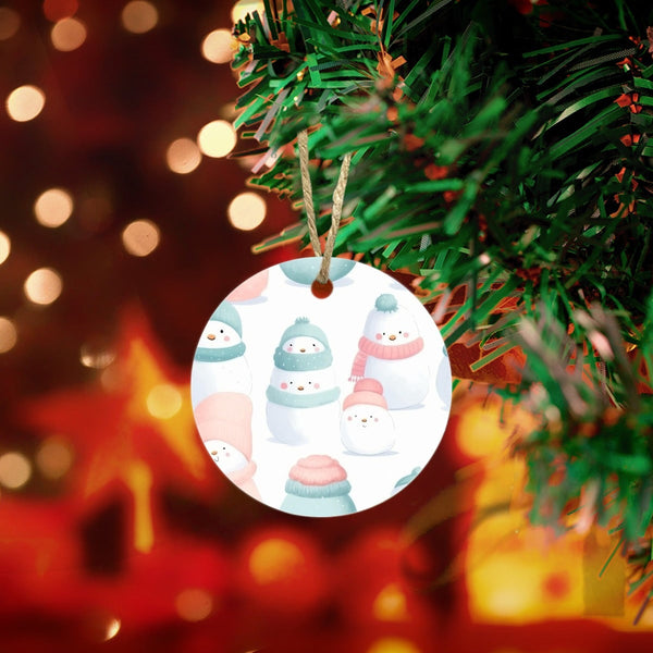 Pastel Winter Holiday Keepsake, Adorable Snowman Christmas Ornament, Glossy Ceramic Tree Ornament, Festive Xmas Decor, Family