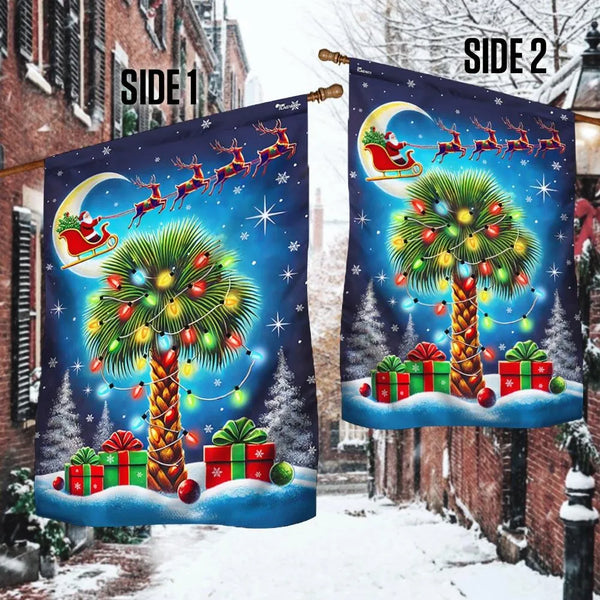 Palm Tree Santa Sleigh Moon Flag, South Carolina Christmas Garden Flag, Double Sided SC Palmetto Holiday Flag, Coastal Xmas Y