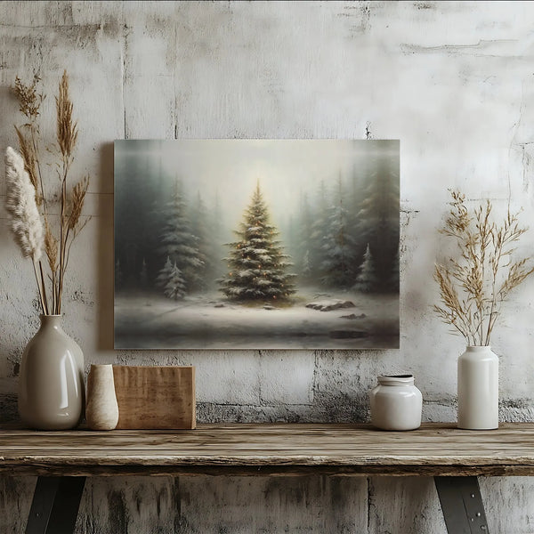 Illuminated Holiday Landscape Wall Decor, Snowy Winter Forest Christmas Tree Canvas Art, Comfy Winter Canvas Print, Christmas