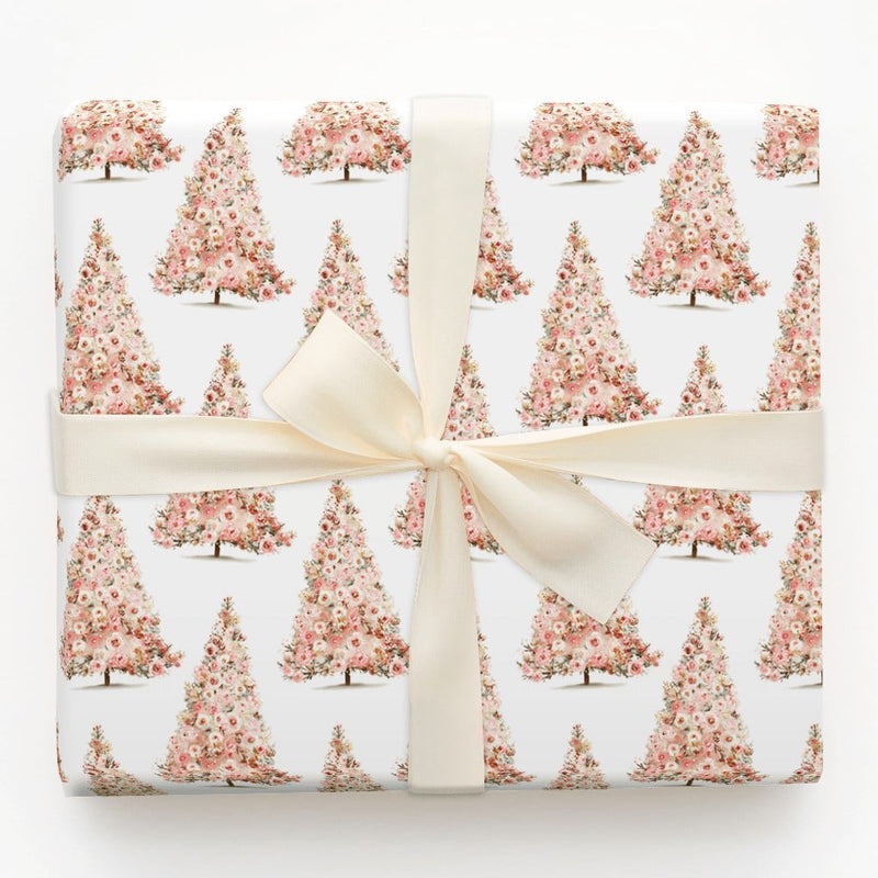 Botanical Tree Gift Wrap, Blush Pink Floral Christmas Tree Wrapping Paper, Elegant Holiday Wrapping Paper, Chic Floral Christmas Present Paper