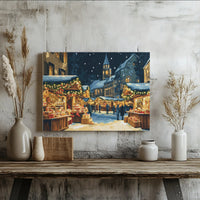 European Winter Village Canvas Art, Christmas Market Canvas Print, Festive Holiday Night Canvas, Snowy City Wall Decor, Christmas Present