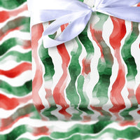 Red and Green Ribbon Gift Wrap, Watercolor Wavy Stripe Wrapping Paper, Modern Christmas Wrapping Paper, Festive Holiday Gift Wrap Roll