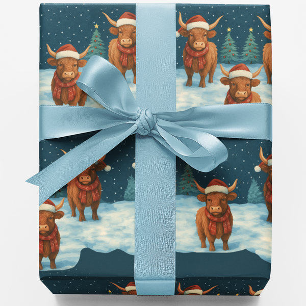 Santa Hat Bull Holiday Gift Wrap, Highland Cow Christmas Wrapping Paper, Rustic Farmhouse Cow Present Wrap, Winter Xmas Wrapp