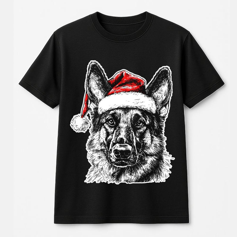 Santa Hat Dog Graphic Tee, German Shepherd Christmas T-Shirt, Festive German Shepherd Shirt, Adorable Dog Lover Holiday T-Shirt, Xmas Dog Present