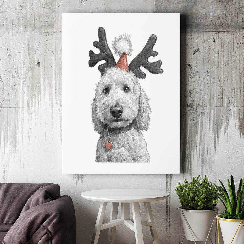 Pencil Sketch Dog Canvas Print, Goldendoodle Christmas Canvas Wall Art, Festive Reindeer Pet Wall Decor, Dog Lover Holiday Canvas Art Present