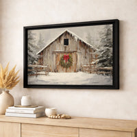 Rustic Farmhouse Barn Canvas Print, Winter Barn Canvas Wall Art, Snowy Christmas Wreath Canvas Art, Holiday Season Wall Decor, Country Present