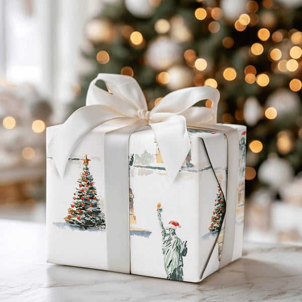 NYC Christmas Tree Gift Wrap, Statue of Liberty Wrapping Paper, New York Holiday Wrapping Paper, Watercolor City Winter Prese