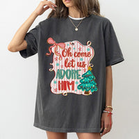 Coquette Christmas Graphic Tee, Oh Come Let Us Adore Him T-Shirt, Christian Holiday Shirt, Religious Xmas Hymn T-Shirt, Faith Present for Her