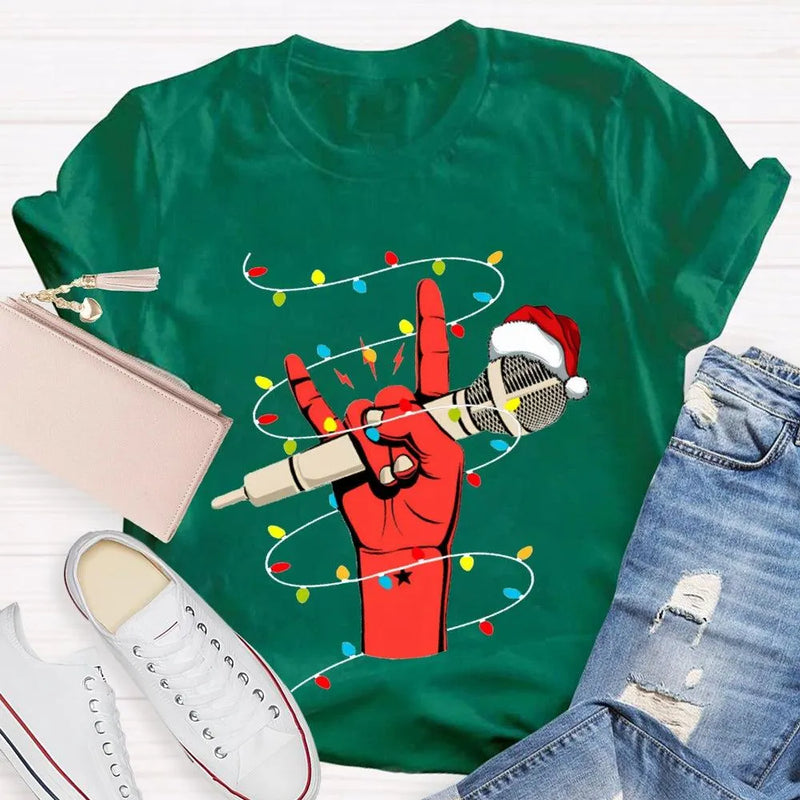 Festive Singer Holiday Graphic Tee, Christmas Microphone Santa Hat Shirt, Music Lover Christmas T-Shirt, Vocalist Musician Xmas Present