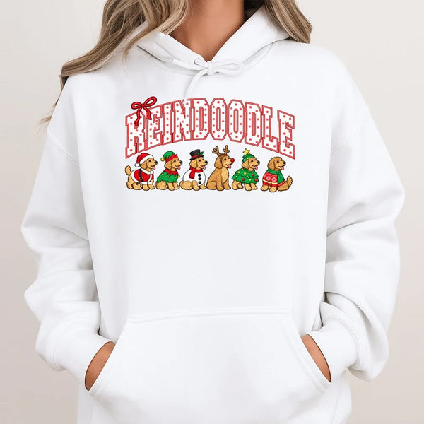 Goldendoodle Santa Hoodie, Reindoodle Christmas Dog Hoodie, Retro Collegiate Reindeer Dog Hoodie, Humorous Christmas Dog Love