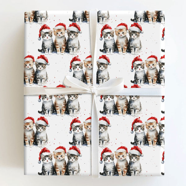 Adorable Cat Lover Christmas Gift Wrap, Watercolor Kittens in Santa Hats Wrapping Paper, Festive Holiday Wrapping Paper, Kitt