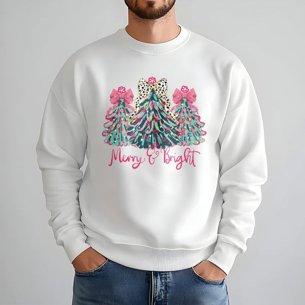 Leopard Print Tree Sweatshirt, Merry and Bright Christmas Sweatshirt, Colorful Holiday Crewneck, Festive Winter Pullover, Xma
