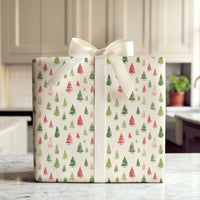 Festive Christmas Tree Gift Wrap, Watercolor Pine Tree Wrapping Paper, 90 GSM Holiday Present Paper, Rustic Winter Wrapping Supplies