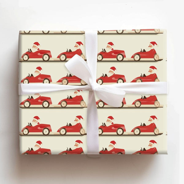 Vintage Racing Holiday Gift Wrap, Race Car Santa Wrapping Paper, Go Kart Santa Christmas Wrapping Paper, Retro Driver Wrappin