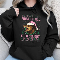 Humorous Opossum Christmas Hoodie, First of All I'm A Delight Opossum Hoodie, Retro Possum Holiday Sweatshirt