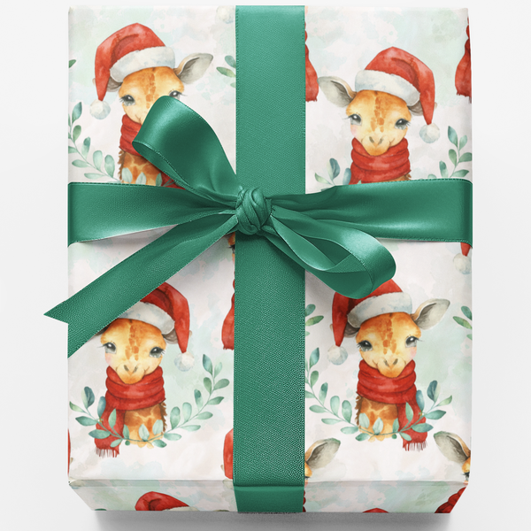 Watercolor Santa Hat Animal Wrap, Christmas Giraffe Gift Wrapping Paper, Adorable Holiday Present Paper Roll, Safari Animal X