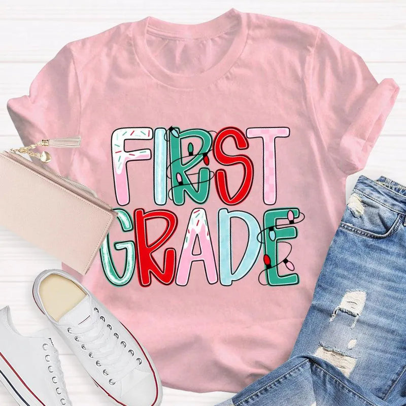 Custom Holiday Font 1st Grade Tee, Personalized First Grade Christmas Shirt, Teacher Student Xmas T-Shirt, Christmas Grade Shirt