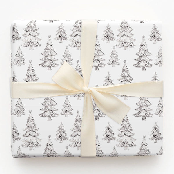 Sketched Monochrome Pine Gift Wrap, Minimalist Tree Christmas Wrapping Paper, Modern Xmas Wrapping Paper, Nordic Holiday Gift