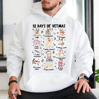 Humorous Vet Tech Christmas Hoodie, 12 Days of Vetmas Hoodie, Veterinary Staff Graphic Sweatshirt, Animal Clinic Holiday Hooded Pullover