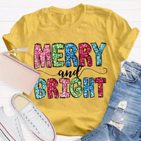 Colorful Festive Christmas Shirt, Merry and Bright Christmas T-Shirt, Retro Holiday Typography Graphic Tee, Adorable Christmas Tee