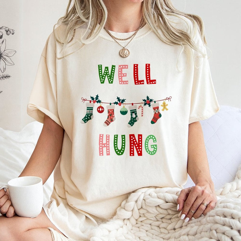 Humorous Stocking Graphic Shirt, Well Hung Christmas T-Shirt, Naughty Holiday Graphic Tee, Dirty Santa Party T-Shirt, Humorous Xmas Couples Present