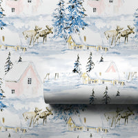 Snowy Cabin Wrapping Paper, Watercolor Moose Gift Wrap, Winter Wildlife Gift Wrapping Paper, Rustic Holiday Present Wrap, Christmas Paper