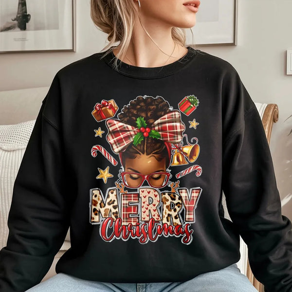 African American Holiday Sweatshirt, Afrocentric Merry Christmas Sweatshirt, Melanin Queen Plaid Bow Sweater, Black Woman Xma