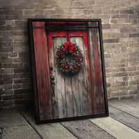 Red Wreath Farmhouse Canvas Print, Rustic Christmas Door Canvas Wall Art, Winter Holiday Decor Canvas, Country Xmas Wall Art Present