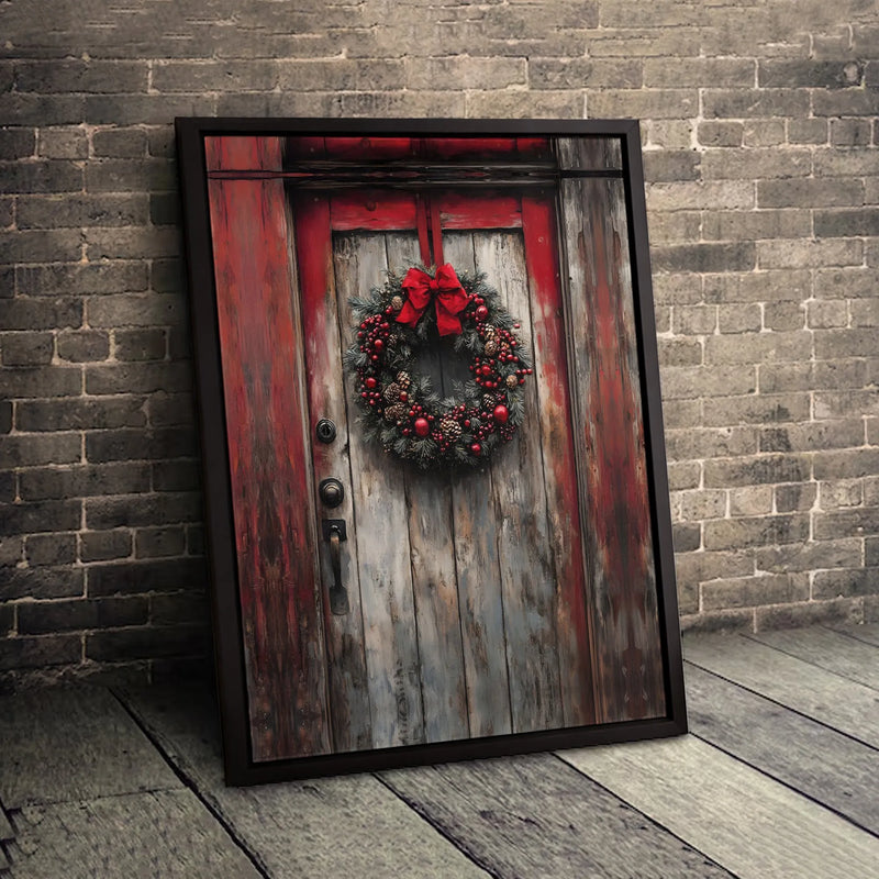 Red Wreath Farmhouse Canvas Print, Rustic Christmas Door Canvas Wall Art, Winter Holiday Decor Canvas, Country Xmas Wall Art Present
