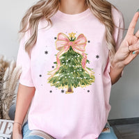 Adorable Coquette Christmas T-Shirt, Pink Bow Watercolor Christmas Tree Shirt, Aesthetic Christmas Graphic Tee, Festive Holiday Shirt, Xmas Present